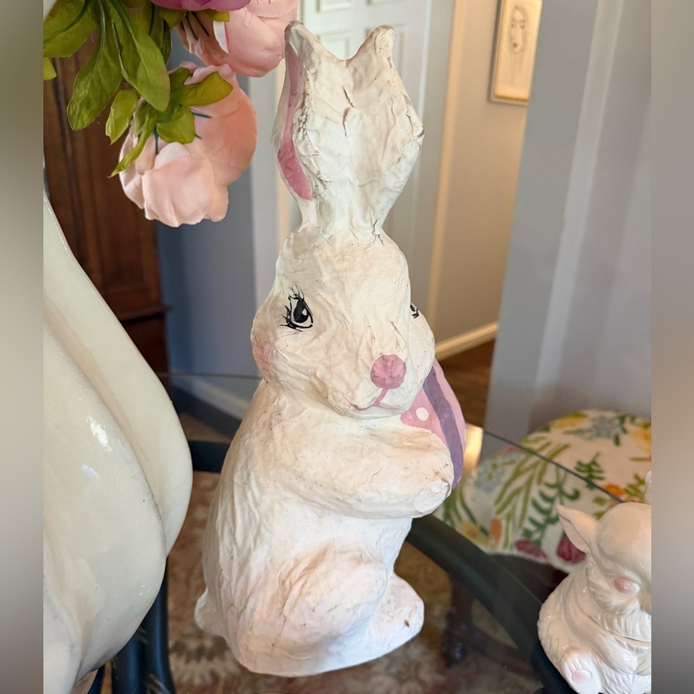 Vintage Handmade White & Pink Paper Mache Bunny Figurine